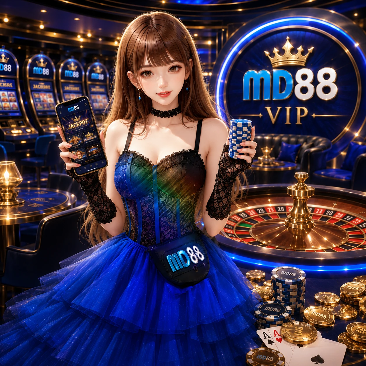 Dynamic casino scene with golden light streaks, slot reel fragments, and playing card symbols floating against a deep dark background