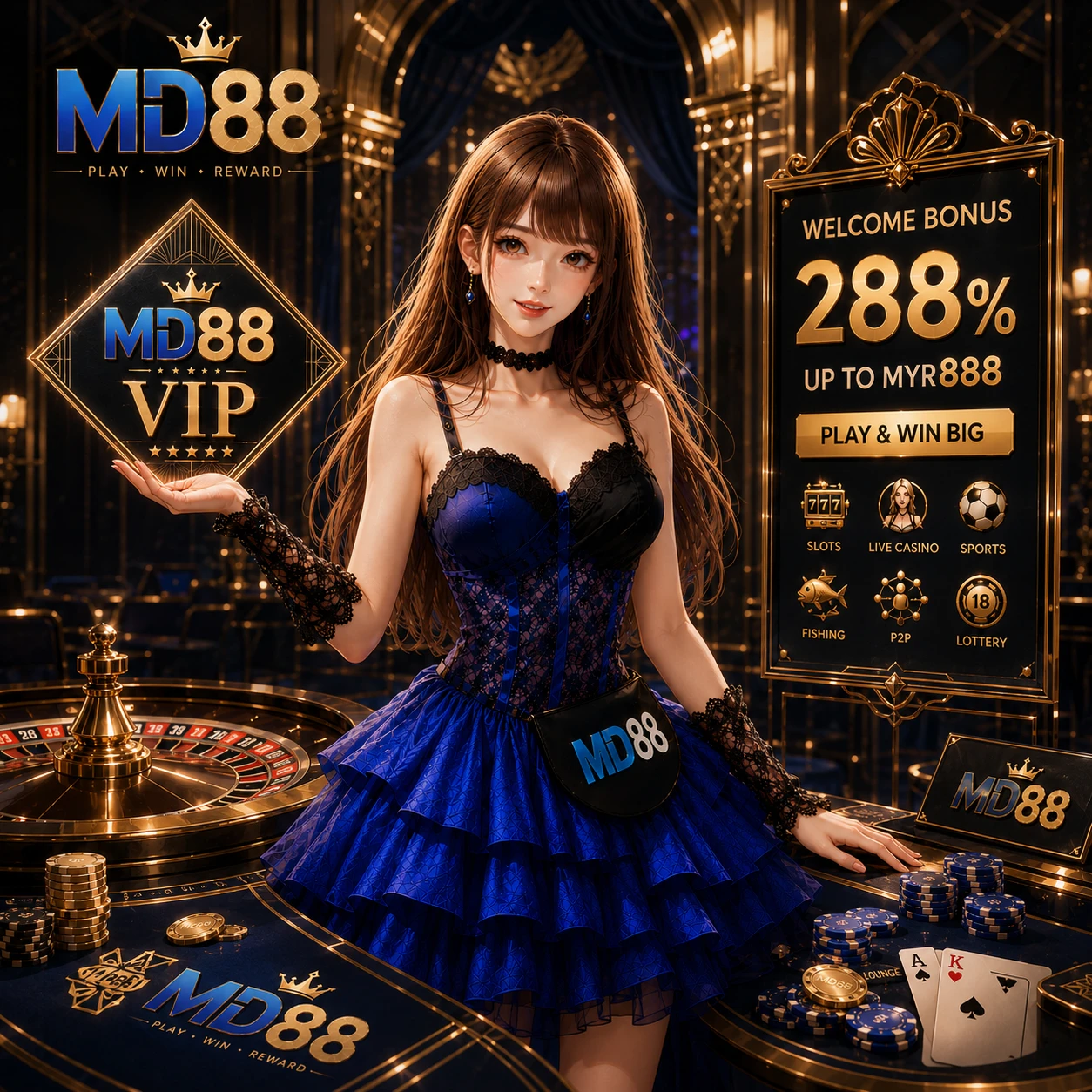 A smartphone displaying the MD88 app interface with casino game thumbnails visible on screen, set against a dark background with golden glow effects radiating from the device