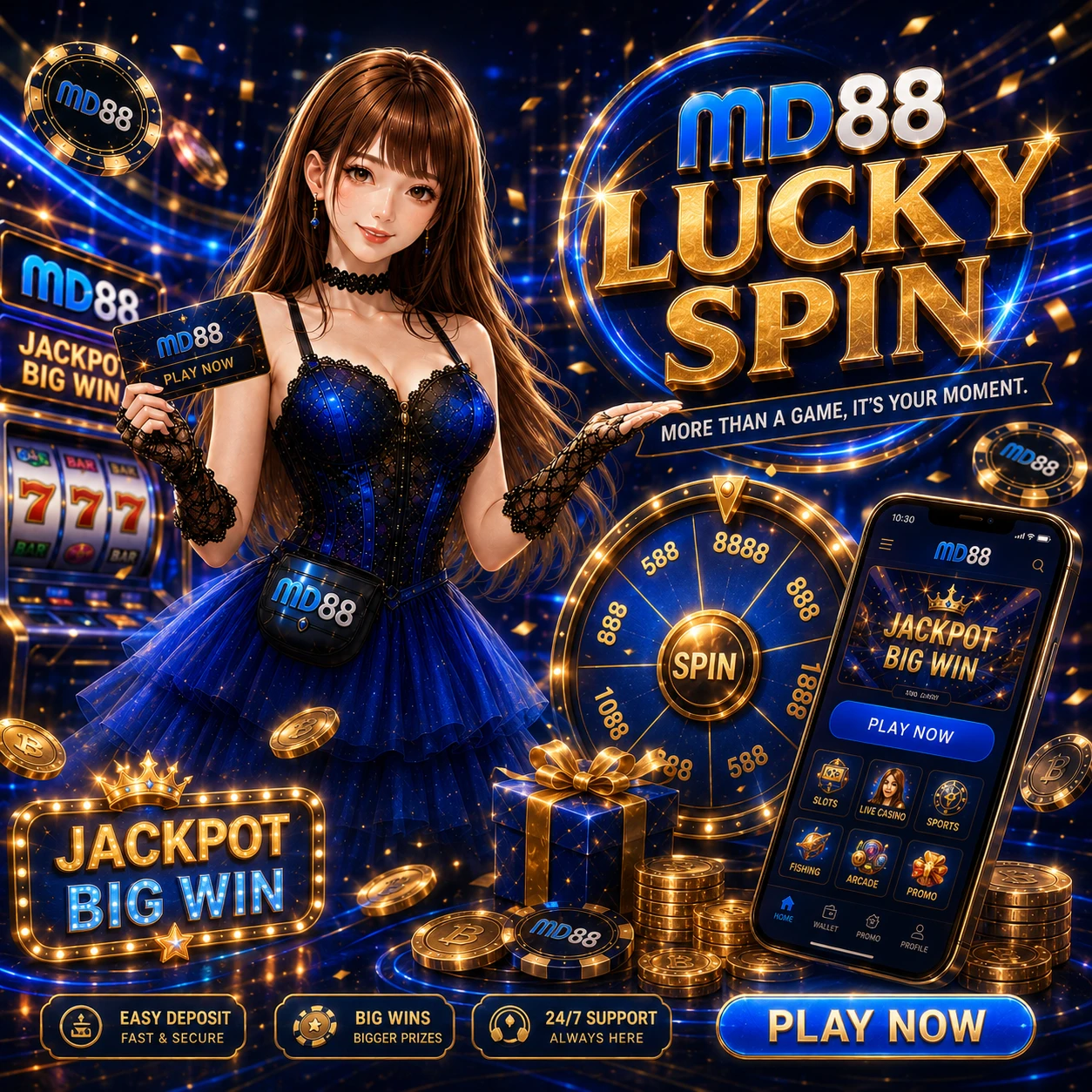 Golden treasure chest overflowing with coins and bonus reward icons against a dark background with sparkle effects