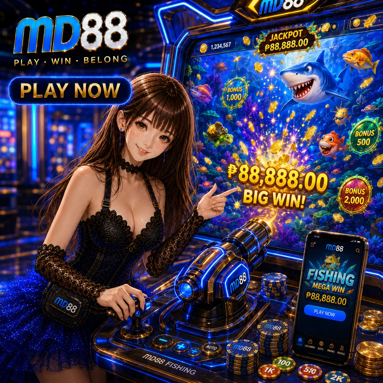 Colorful lottery draw interface with numbered balls being drawn and arcade game icons arranged alongside, bright neon accents